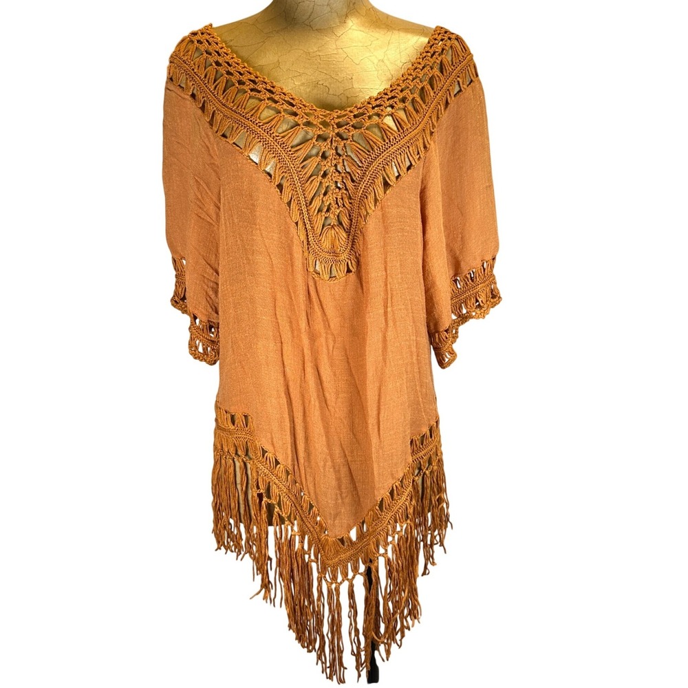 Vivid Womens 2X Rust Orange Crochet Fringe Boho Poncho Top 8747X